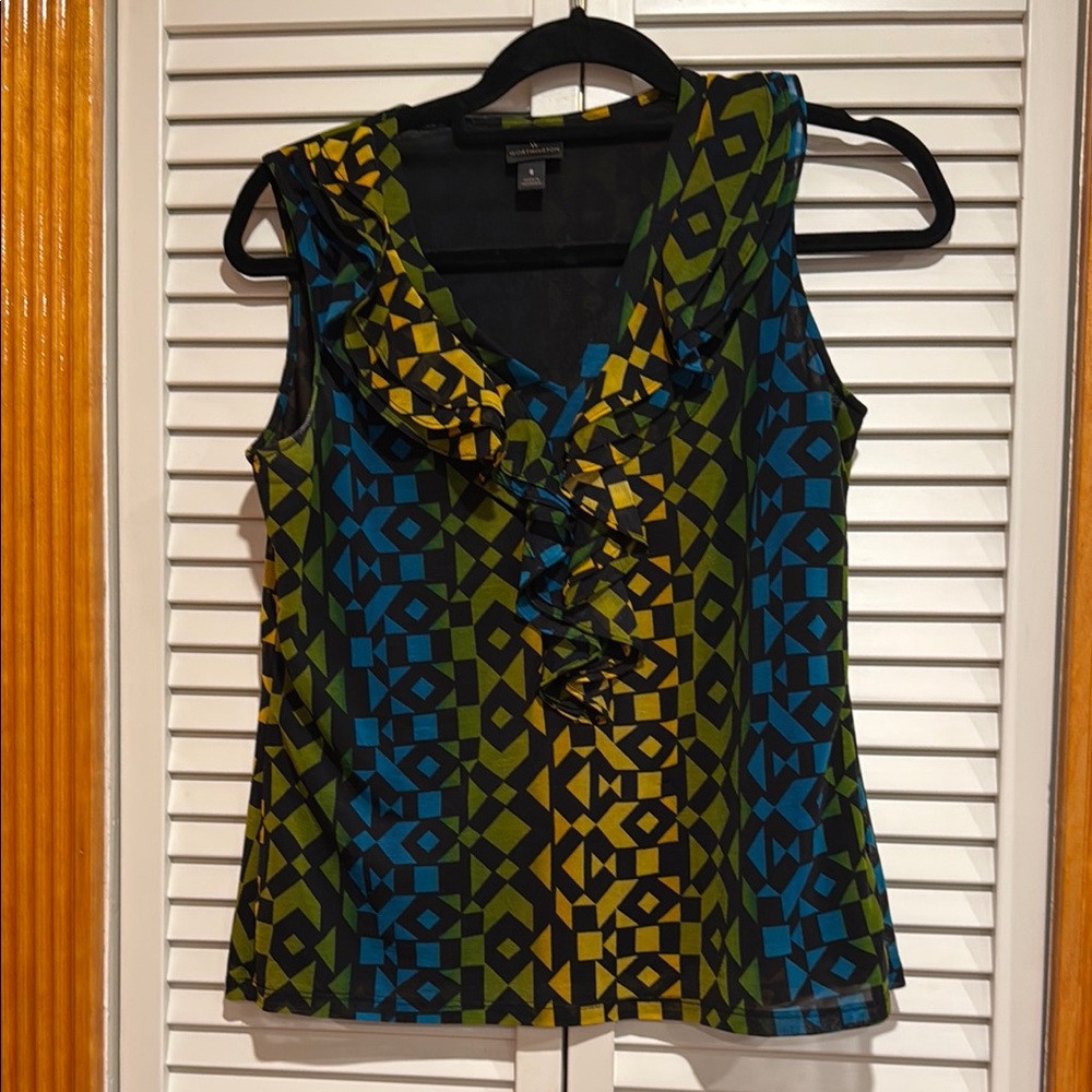 Worthington Black and Blue Fitted Ruffled Blouse